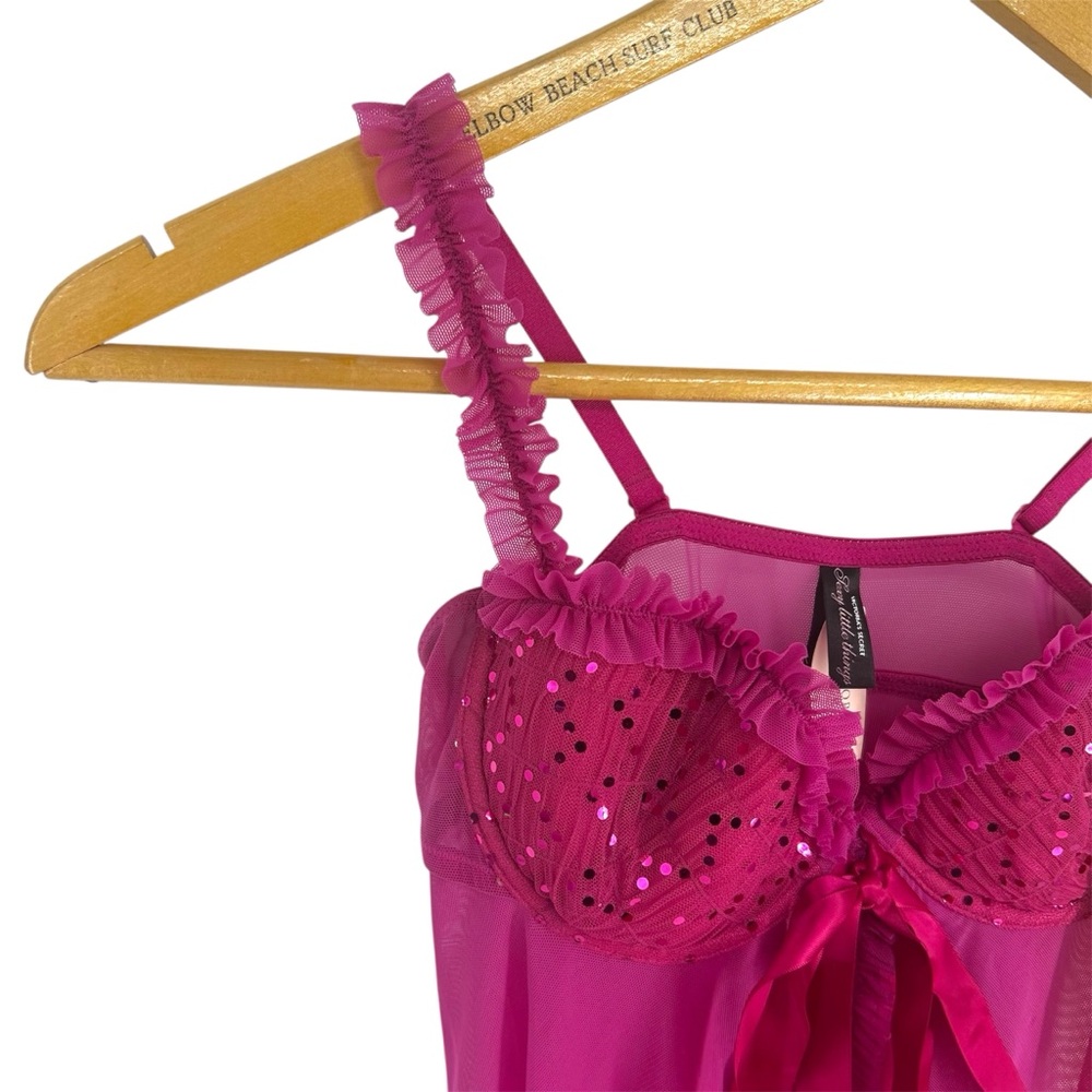 NWT SAMPLE Victoria’s Secret Sexy Little Things Magenta Sequined Mesh Babydoll - Picture 2 of 11